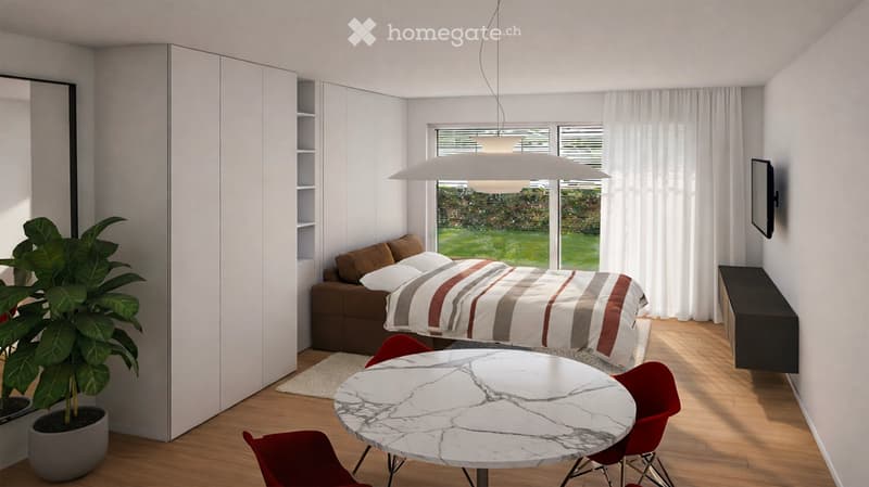 A compact studio apartment with built-in wardrobes, bed, desk, couch and a large window with view
