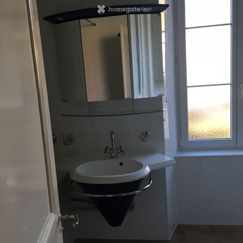 Modern bathroom with a white sink, chrome faucet, mirrored cabinet, and a window providing natural light.