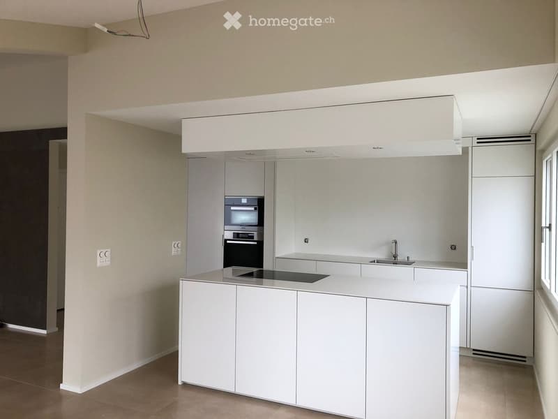 Modern kitchen with white cabinets, a central island, built-in oven, and sink.