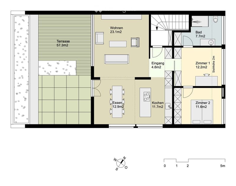 Floor plan of a 2-room apartment with a living area, kitchen, two bedrooms, bathroom, and a terrace.