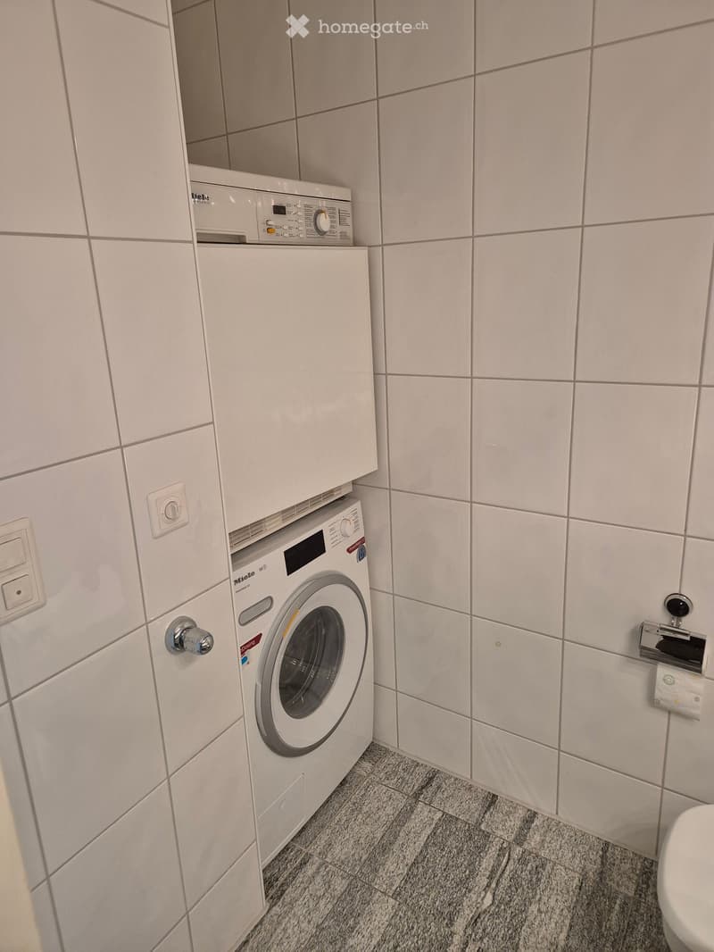 Modern bathroom with white tiled walls and a private washing machine installed next to a toilet paper holder.