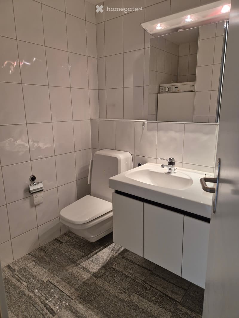 Modern bathroom with white tiles, a toilet, a sink with a mirror, and a small cabinet.