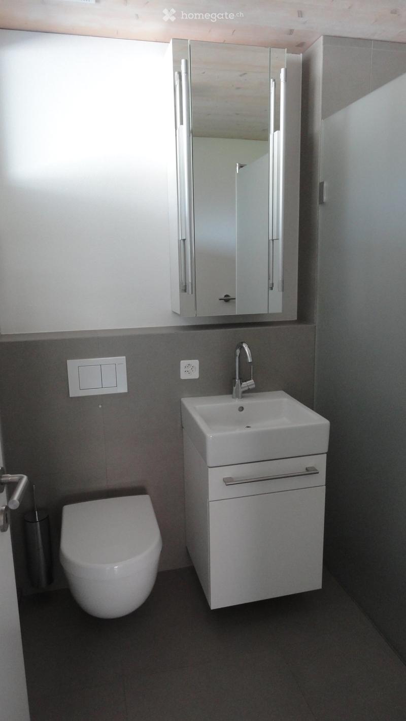Modern bathroom with a white sink, chrome faucet, mirrored cabinet, and toilet. Grey walls and dark flooring.