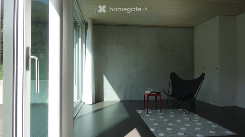 Minimalist room with dark flooring, white walls, large windows, a single chair, a small table with books, and a patterned rug.