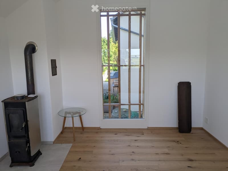 Room with wooden floor, white walls, wood stove, glass table, radiator, and window overlooking a patio with outdoor furniture.