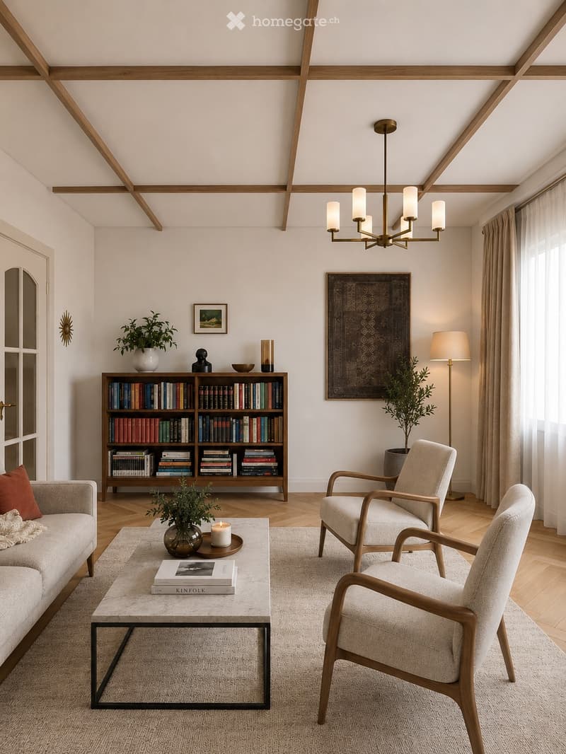 Modern living room with light-colored furniture, wooden flooring, and a chandelier. Features a sofa, coffee table, two armchairs, bookshelf, and decorative plants.