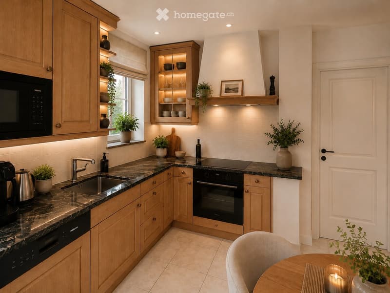 Modern kitchen with wooden cabinets, marble countertops, built-in oven, microwave, sink, and decorative plants.
