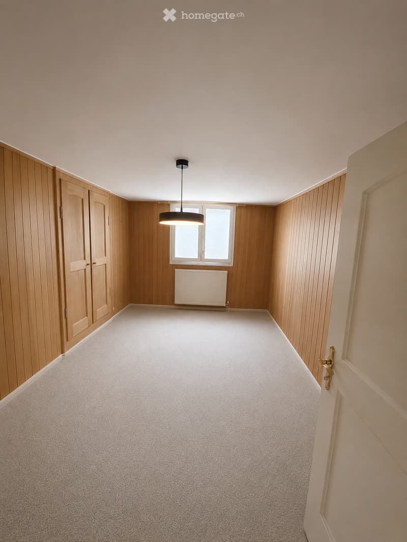 Empty room with wooden panel walls, carpeted floor, single window, radiator, and pendant light fixture.
