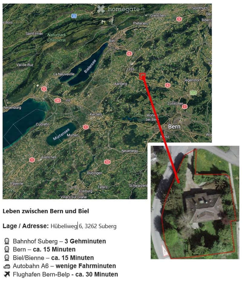 Map and aerial view of a property located between Bern and Biel, showing proximity to train stations, highways, and airports.
