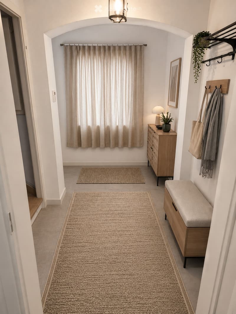 Elegant hallway with beige carpeting, white walls, arched ceiling, and decorative elements including a bench, small table, and hanging plant.