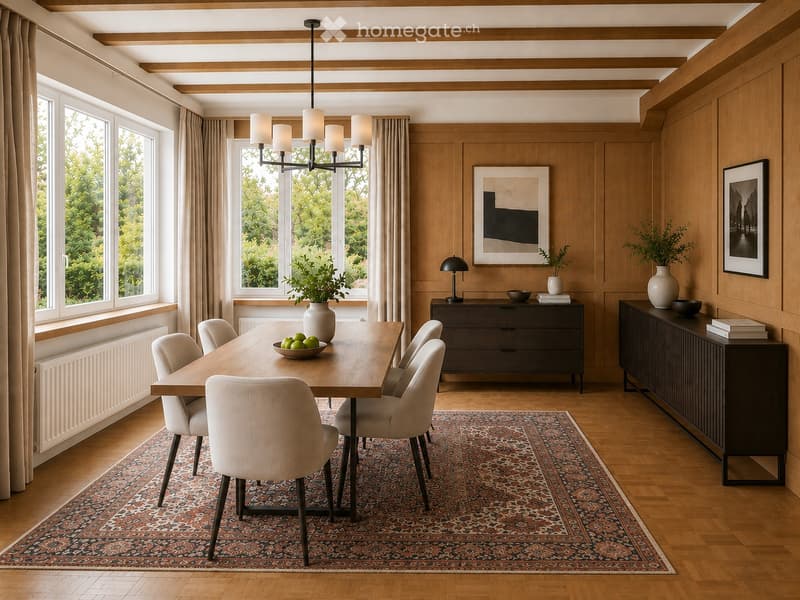 Elegant dining room with a long wooden table, six white chairs, a chandelier, and wooden cabinets. Features a patterned rug, vases, and artwork on the walls.