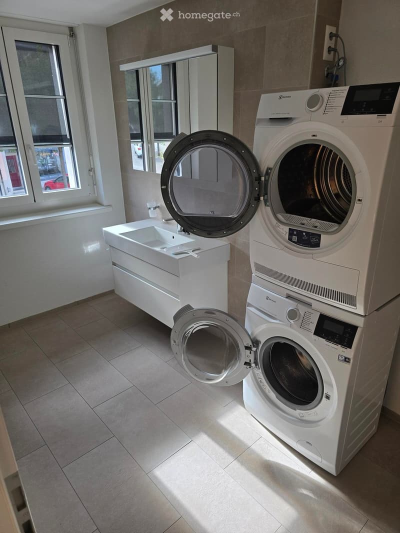 Modern bathroom with a white sink, a washing machine, and a dryer. The room has tiled flooring and large windows allowing natural light to enter.