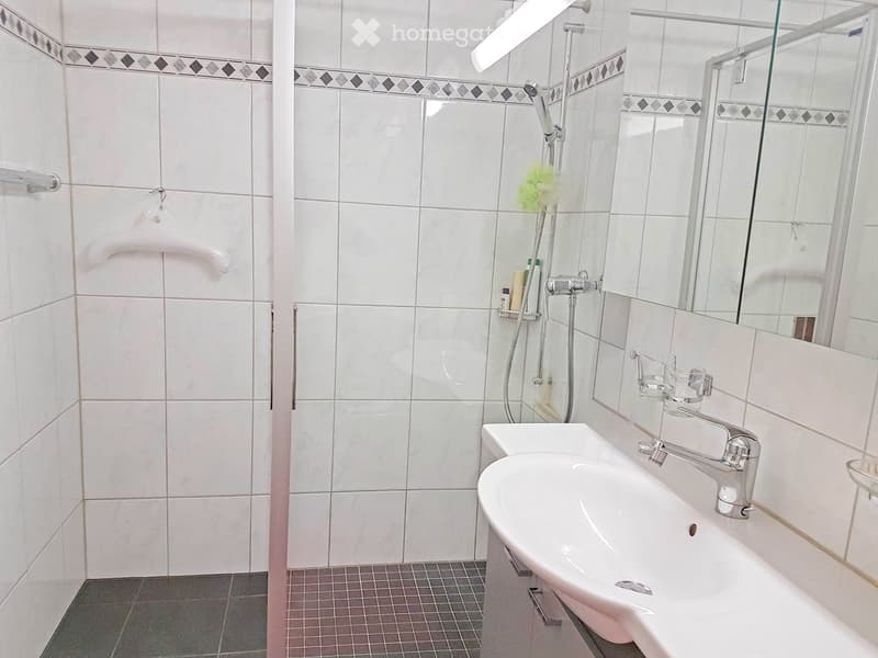 white tiled walls, white sink, shower with glass door, mirror, shower head, soap holder, towel rack