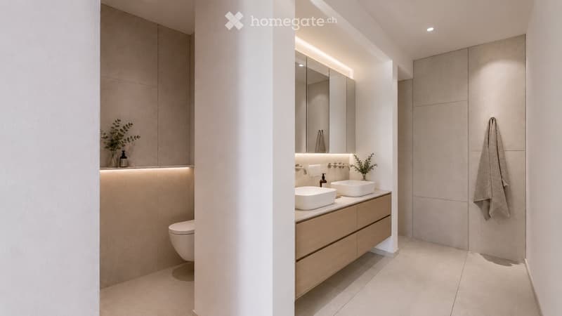 Modern bathroom with a toilet, double sink vanity, large mirror, and built-in lighting. Features a neutral color palette with wooden vanity and decorative plants.