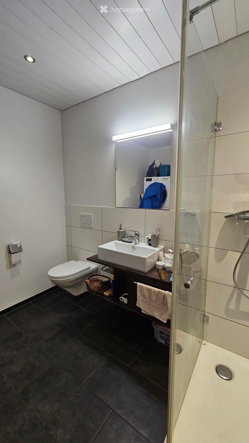 Modern bathroom with dark tiled floor, white toilet, sink, mirror, and glass shower enclosure.