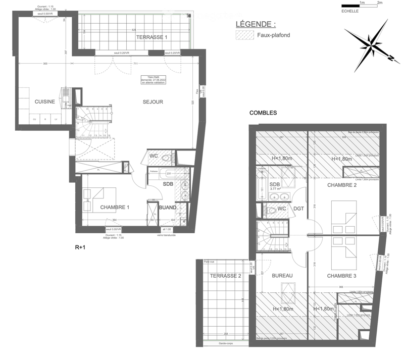 Floor plan of a residential unit on the first floor (R+1) showing a living area, kitchen, three bedrooms, two bathrooms, and two terraces.