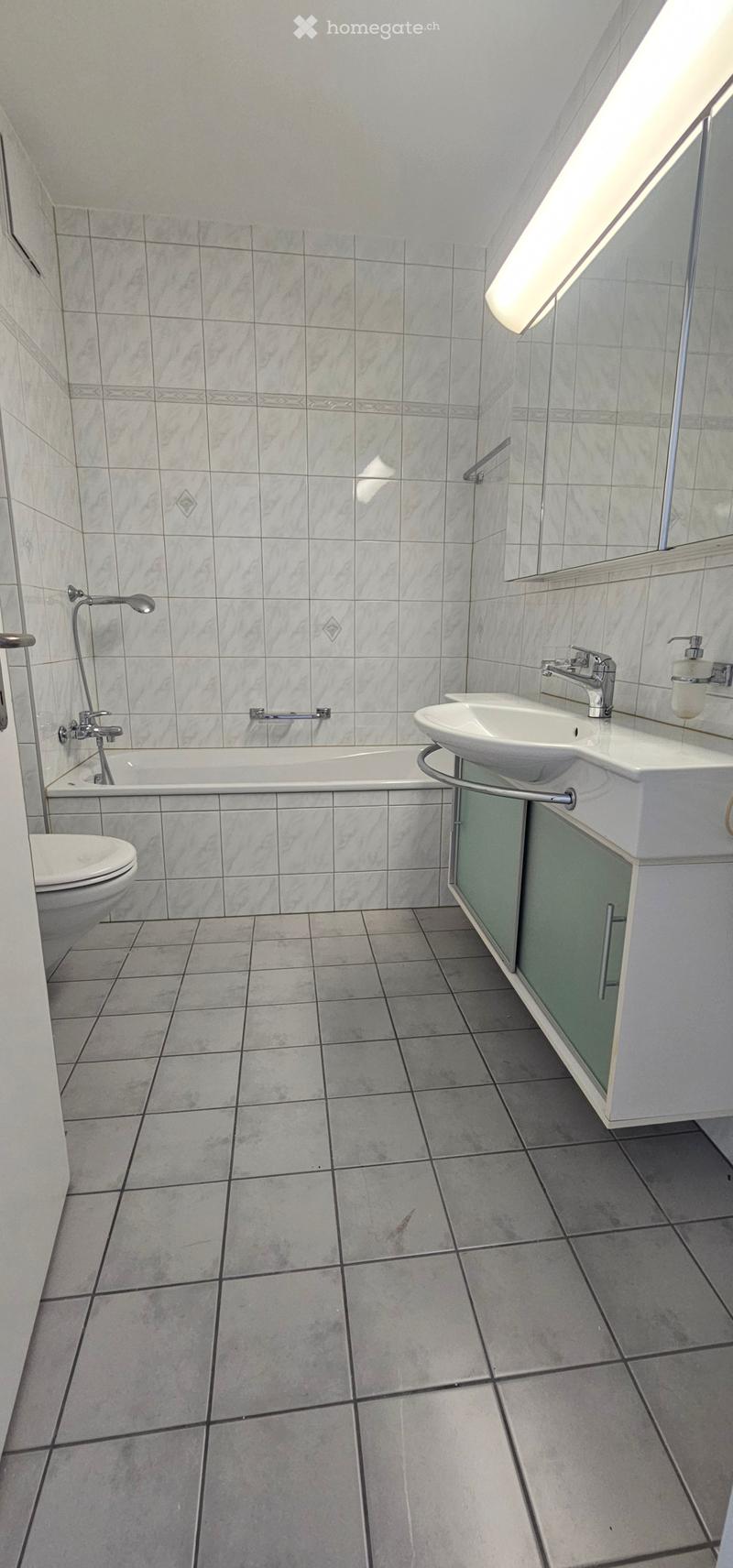 Modern bathroom with a bathtub, toilet, sink, and mirror. The walls and floor are tiled in a light grey marble pattern.