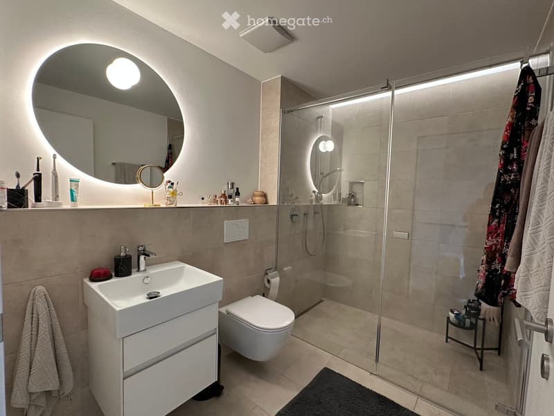 Modern bathroom with a white sink, toilet, and glass-enclosed shower. Features a large round mirror with built-in lighting, a small shelf with toiletries, and a towel hanging on the wall.