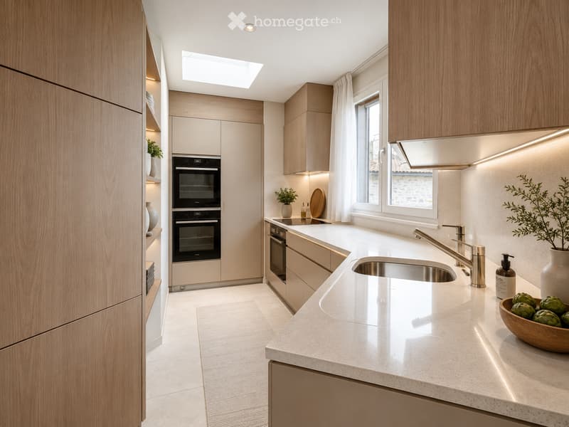 Modern kitchen with light wood cabinets, white countertops, stainless steel sink, and built-in ovens.