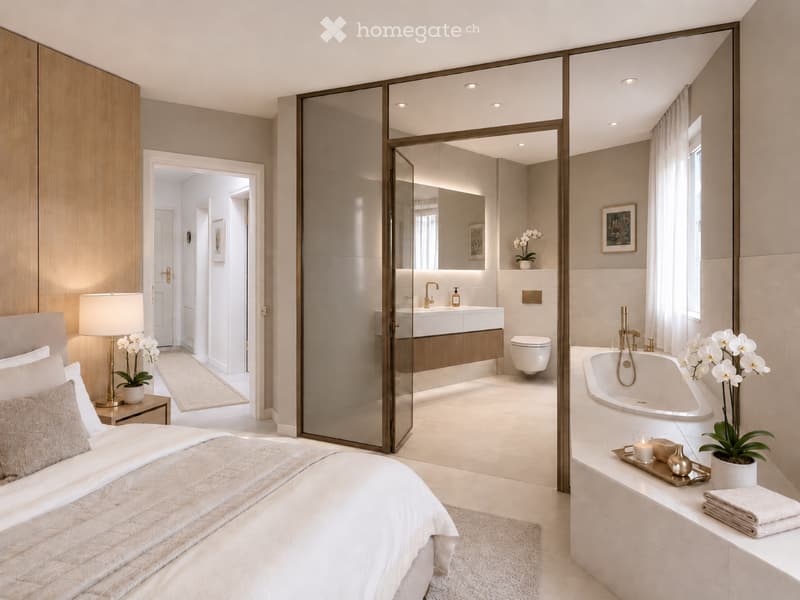 Elegant bedroom with a large bed, nightstand with lamp, adjacent bathroom featuring a sink, toilet, bathtub, and decorative tray with candles and vase.
