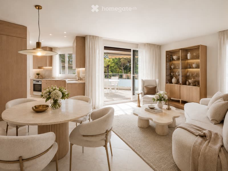 Modern living and dining area with a round dining table, sofa, coffee table, chairs, and a kitchen area with cabinets and an oven. Large windows offer a view of the garden.