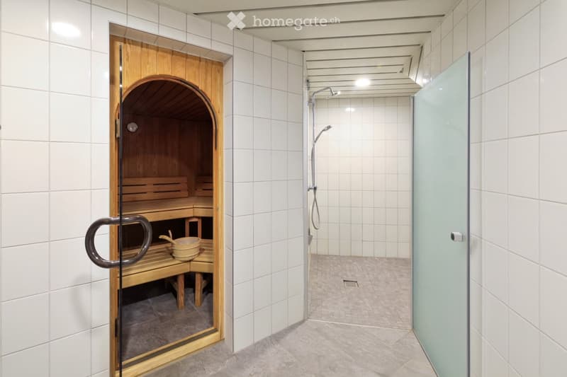 Modern bathroom with a wooden sauna and a separate shower area. The sauna features wooden benches and a small stool with a bowl. The shower area has a glass enclosure, a shower head, and a faucet.