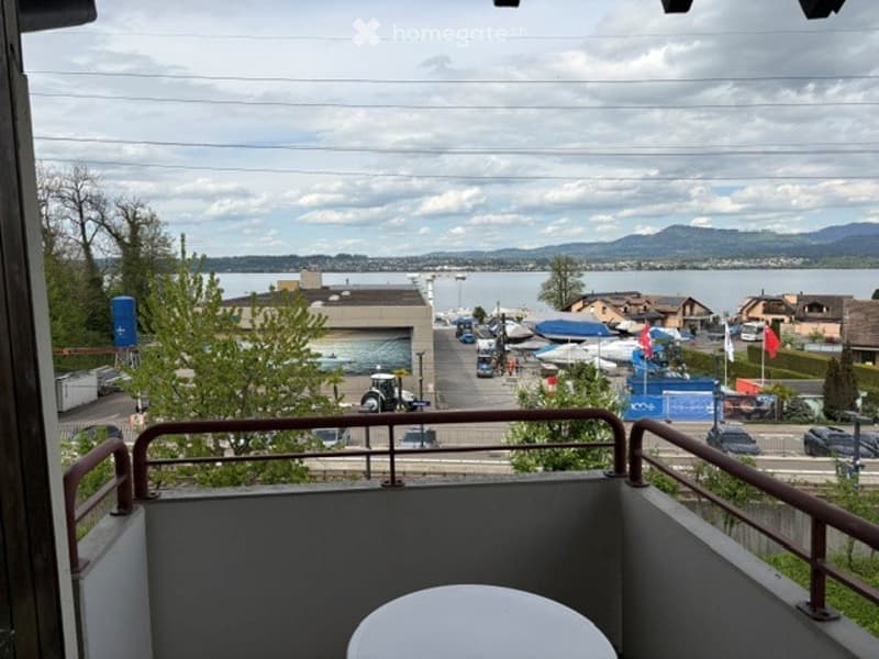 Balcony with a view of a lake and surrounding landscape, featuring a round table and metal railing.