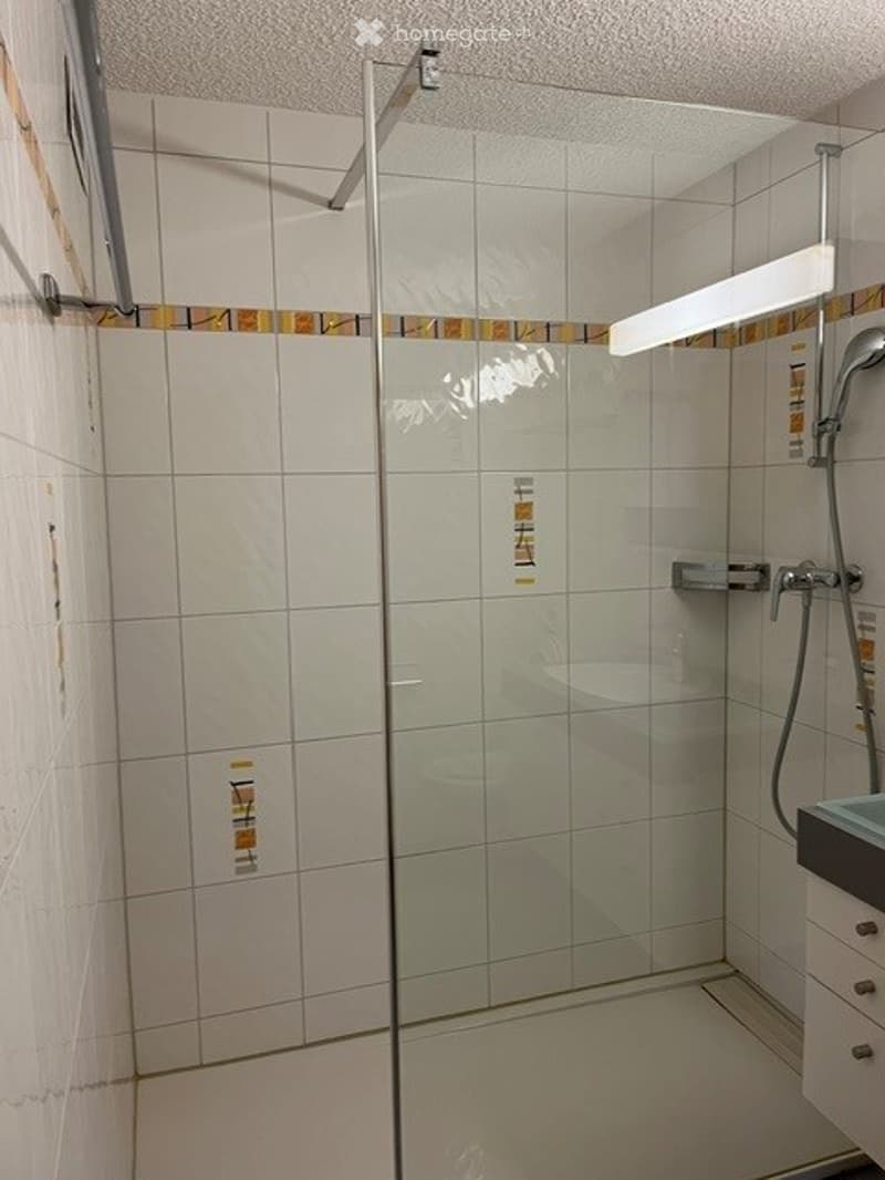 Modern bathroom with a glass-enclosed shower stall, white tiled walls, and a sleek chrome faucet.