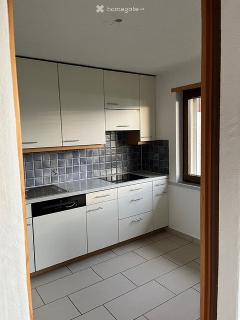 Modern kitchen with white cabinets, grey tiled backsplash, and stainless steel appliances including a sink, stove, and dishwasher.