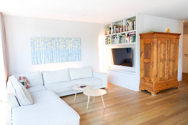 Modern living room with light-colored wooden flooring, a light blue sectional sofa, a small coffee table, a built-in bookshelf with books and a television, and a wooden cabinet.