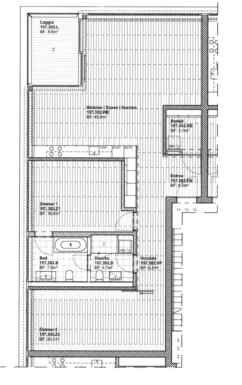 Floor plan of a residential unit featuring a living/dining/kitchen area, two bedrooms, a bathroom, a shower, a hallway, a loggia, and an entrance area.