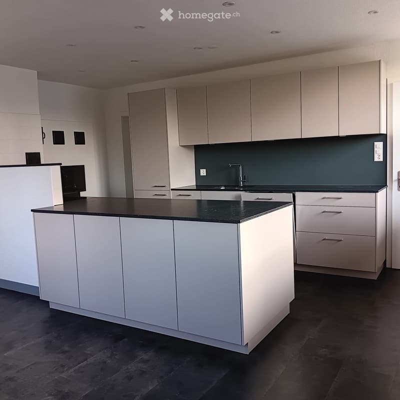 Modern kitchen with white cabinets, black countertop, and dark tiled floor.