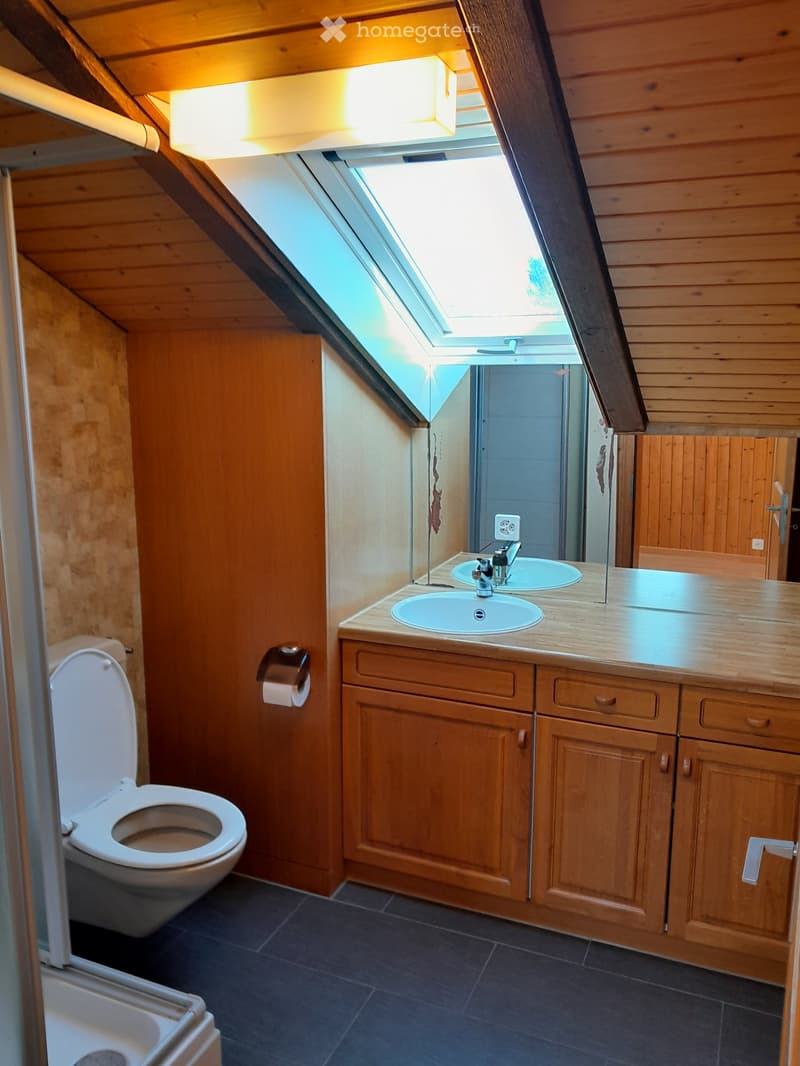 Cozy attic bathroom with wooden walls and ceiling, featuring a toilet, double sink with wooden cabinet, and a skylight window above the sink.