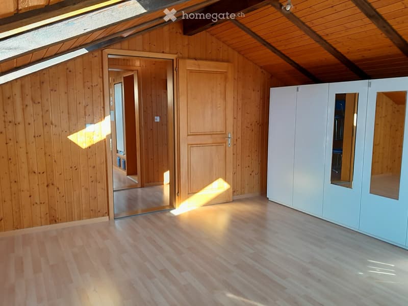 Empty attic room with wooden walls, wooden floor, white built-in closet, and skylight windows allowing natural light.