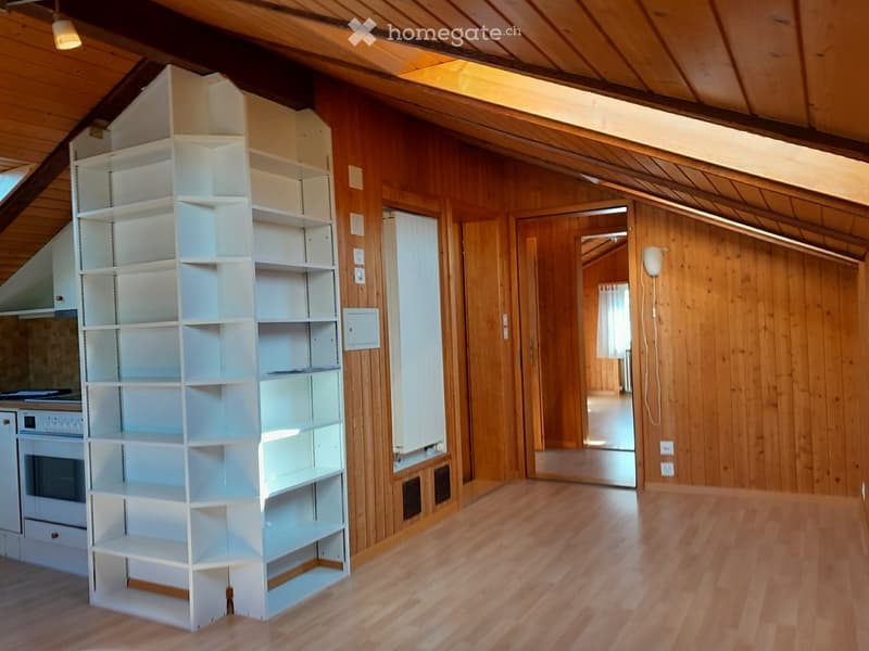 Empty room with wooden walls and floor, white shelving unit, and a doorway leading to another room.