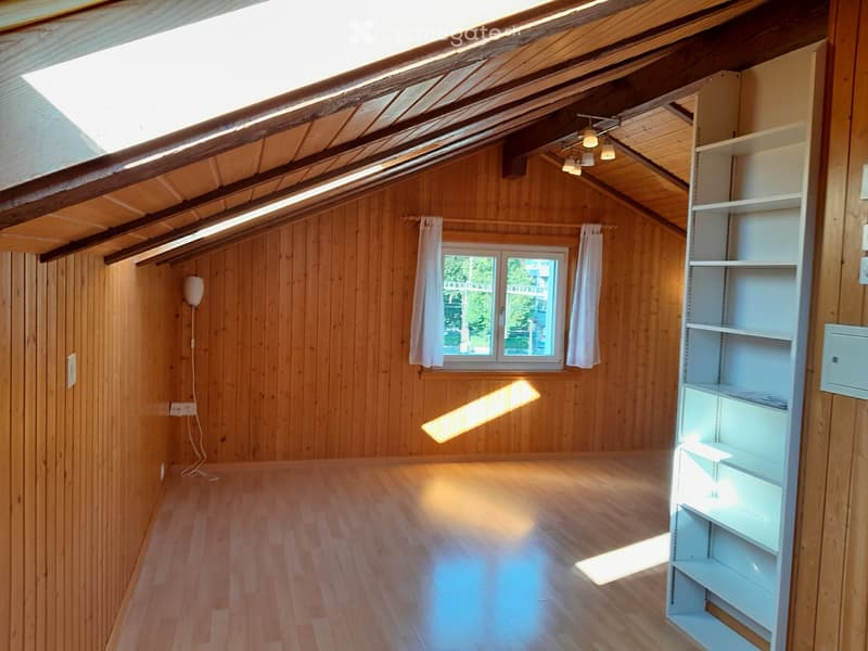 Empty attic room with wooden walls and floor, white built-in shelving unit, skylight window, and exposed wooden beams on the ceiling.