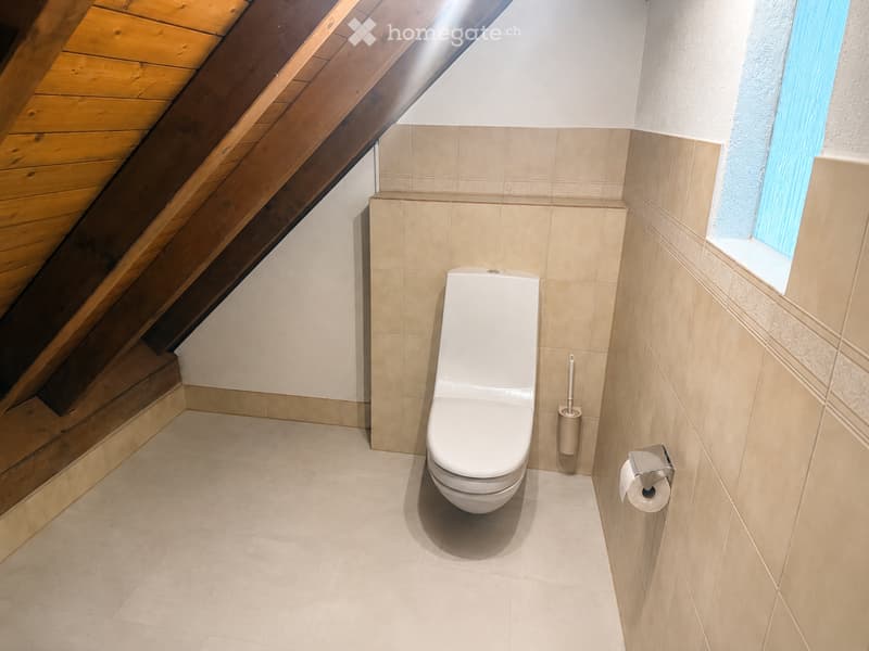 Bathroom. Modern bathroom with a toilet, toilet paper holder, and toilet brush, featuring beige tiles and a wooden slanted ceiling.