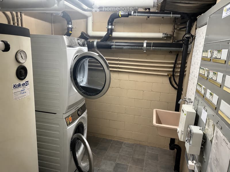 Bathroom. Utility room with a washing machine, dryer, and sink, surrounded by exposed pipes and a control panel.
