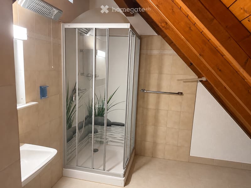 Bathroom. Modern bathroom with a white bathtub, a glass-enclosed shower stall, and a handheld showerhead. The shower stall features a built-in seat and a handrail for safety. The walls are tiled in beige, and the floor is tiled in light beige.