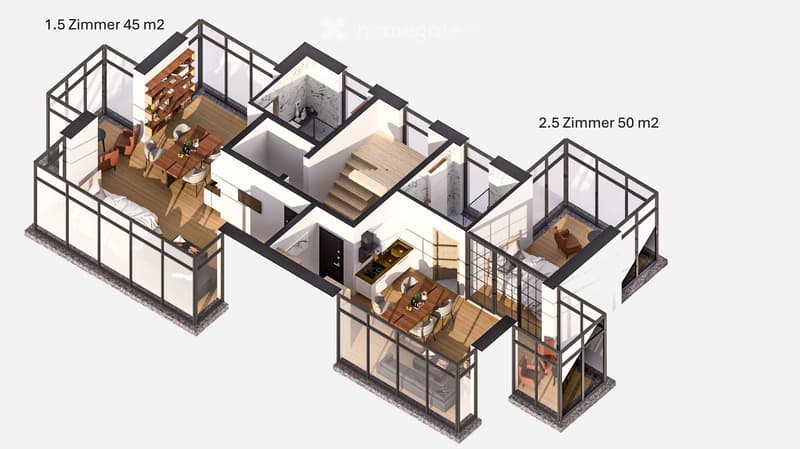 3D floor plan of a modern apartment with1.5 and 2.5 rooms, featuring open-plan living spaces, kitchen, bathrooms, and balconies.