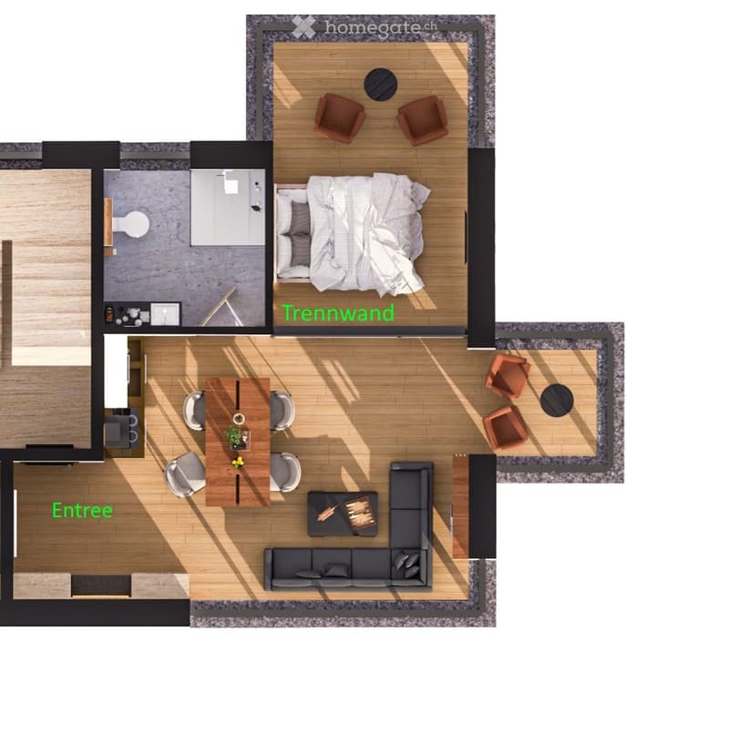 Floor plan of a modern apartment featuring a living room, dining area, bedroom, and bathroom. Includes a sofa, coffee table, dining table, chairs, and a bed.