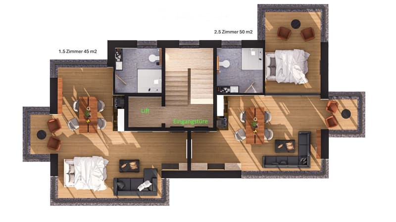 Floor plan of a 2-story apartment with 2.5 and 1.5 bedrooms, living room, dining area, kitchen, and bathrooms. Includes a lift and entrance door.