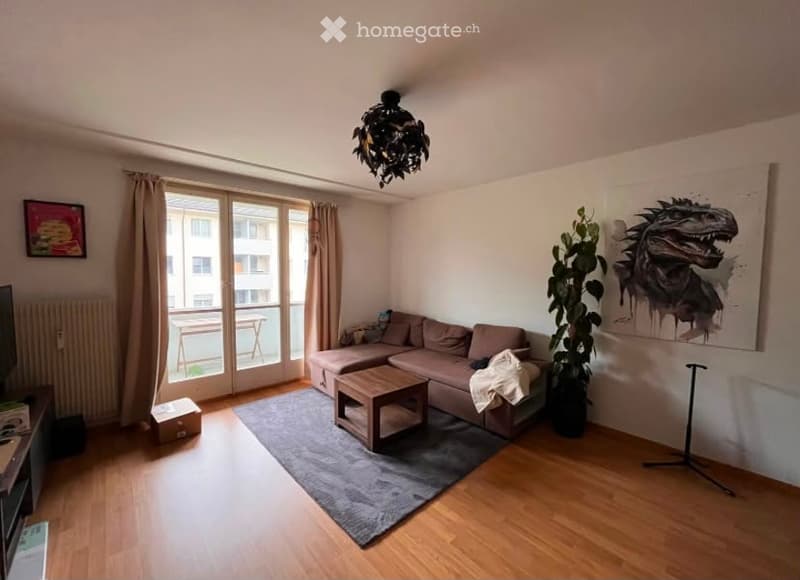 Modern living room with a grey sofa, wooden coffee table, floor lamp, large plant, and artwork on the wall. The room features large windows with curtains and a view of a building outside.
