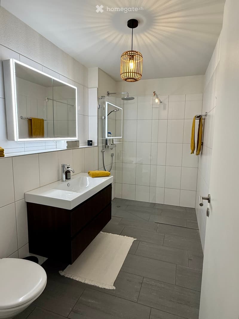 Modern bathroom with a white sink, dark wooden cabinet, large mirror, shower area, and a hanging light fixture.