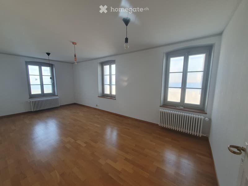 Empty room with wooden flooring, white walls, multiple windows, radiators, and pendant lights.