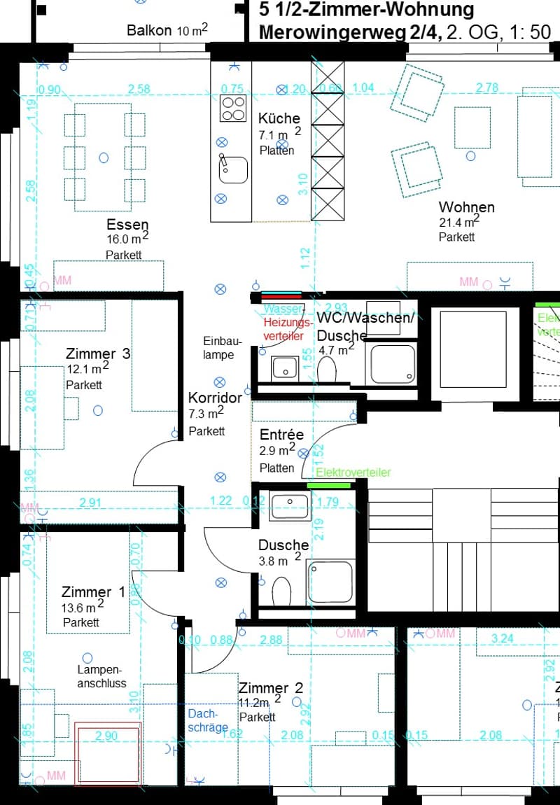Floor plan of a 5.5-room apartment with a balcony, kitchen, living area, three bedrooms, two bathrooms, and a hallway.