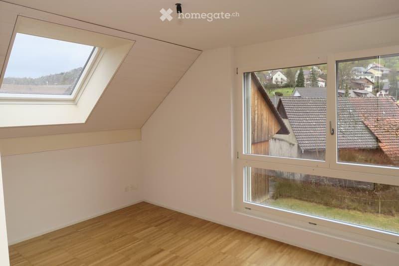 Empty attic room with wooden flooring, white walls, large windows, and a skylight. No furniture or equipment present.