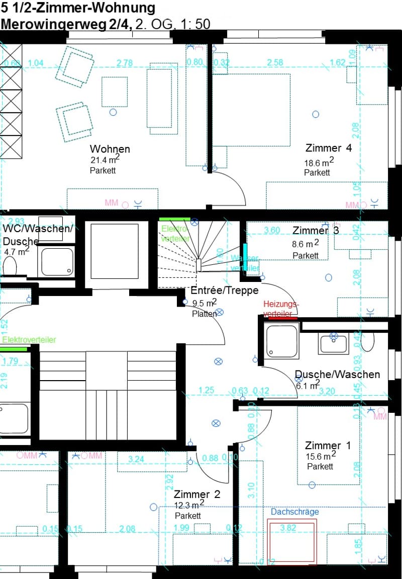 Floor plan of a 2-room apartment on the 2nd floor, including living room, 2 bedrooms, 2 bathrooms, entrance/stairs, heating distribution, and attic space.