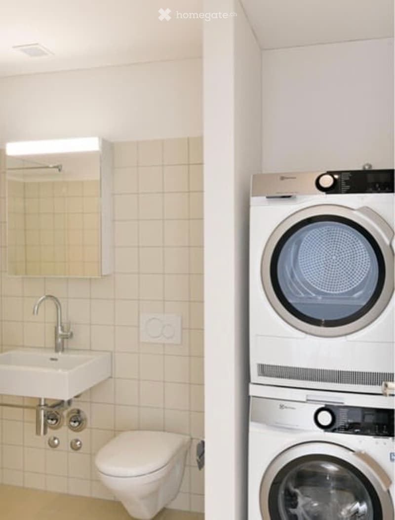 Modern bathroom with a white sink, mirror, toilet, and a stacked washer/dryer unit.
