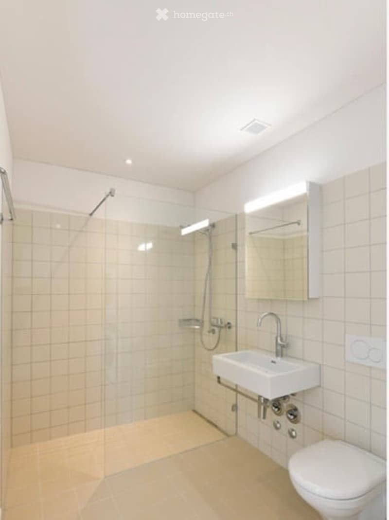 Modern bathroom with white tiles, a glass-enclosed shower, a sink with a mirror, and a toilet.